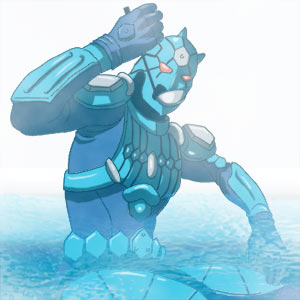 terusuke, urataros, kamen rider, kamen rider den-o (series), 1boy, armor, blue armor, drinking, in water, ladle, looking at viewer, male focus, monster, monster boy, orange eyes, soup ladle, turtle