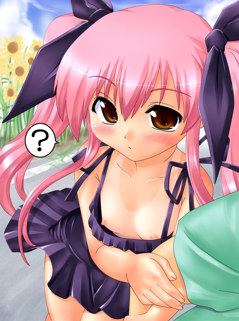 hase yu, kousaka alice, suigetsu, 1girl, ?, arm hug, blush, breasts, brown eyes, downblouse, dress, female focus, flower, loli, nipple slip, nipples, one-piece tan, outdoors, pink hair, small breasts, solo, sunflower, tan, tanline, twintails