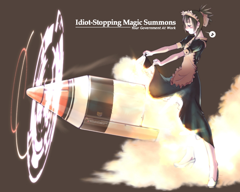 1girl, clothes lift, english text, female focus, magic circle, maid, missile, musical note, phallic symbol, skirt, skirt lift, solo, speech bubble, spoken musical note, what