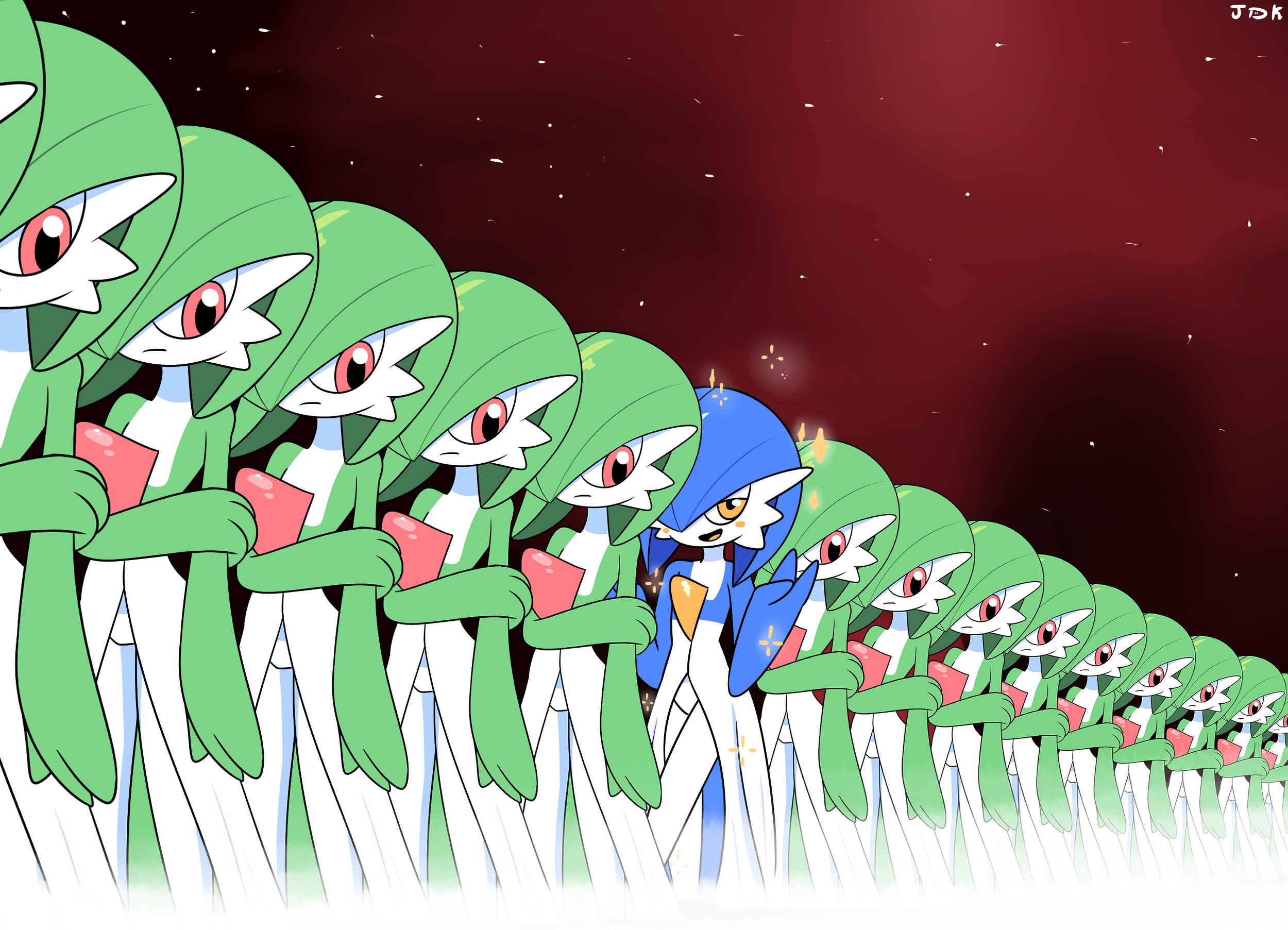 jdkdoodles, gardevoir, nintendo, pokemon, highres, alternate color, blue hair, colored skin, dress, gen 3 pokemon, green hair, green skin, hair over one eye, looking at viewer, multicolored skin, orange eyes, pink eyes, pokemon (creature), shiny pokemon, signature, two-tone skin, white dress, white skin
