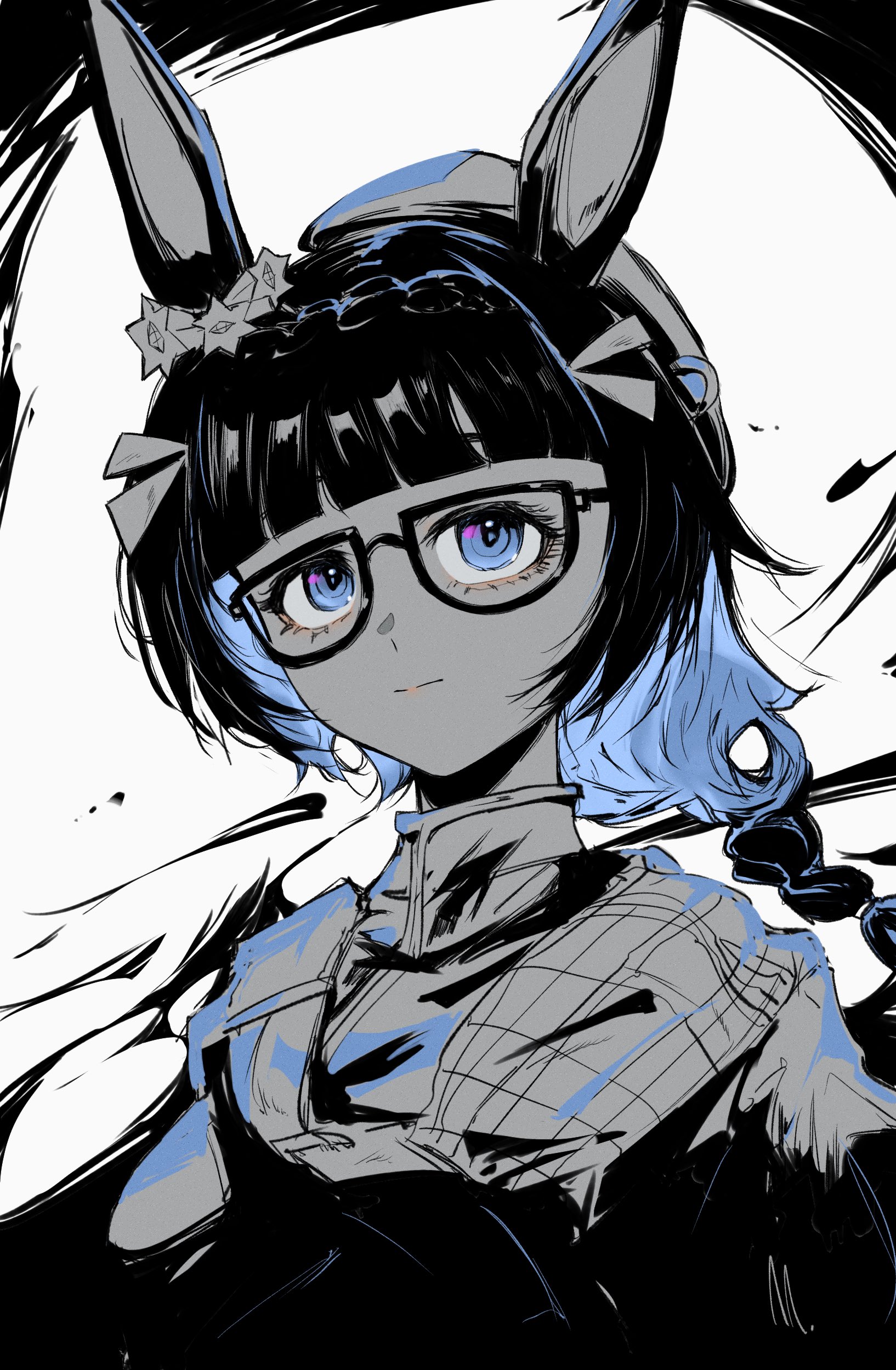 ringring (artist), zenno rob roy (umamusume), umamusume, absurdres, highres, 1girl, animal ears, beret, black-framed eyewear, blue eyes, blue hair, blunt bangs, braid, closed mouth, colored inner hair, crown braid, flower, glasses, hair flower, hair ornament, hat, horse ears, horse girl, multicolored hair, scarf, single braid, solo, spot color, tilted headwear, upper body, white background