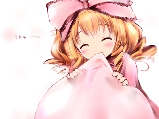 kashmir, hinaichigo, rozen maiden, 00s, 1girl, ^ ^, biting, blonde hair, blush, bow, child, closed eyes, female focus, hair bow, orange hair, pink bow, short hair, simple background, solo, unyu, white background