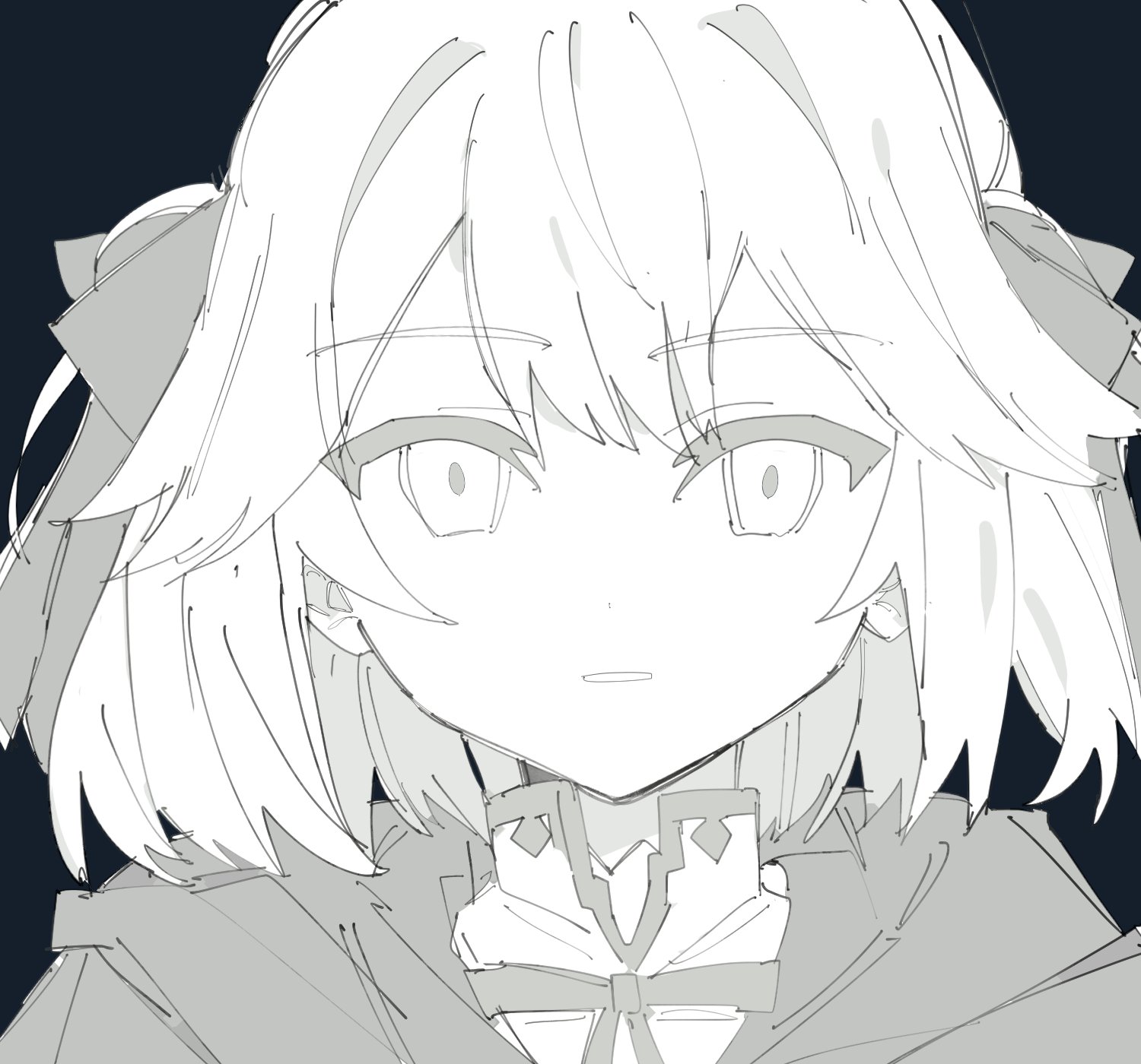 kaeshi (yuukaeshi), anisphia wynn palettia, tensei oujo to tensai reijou no mahou kakumei, highres, 1girl, greyscale, hair ribbon, looking at viewer, medium hair, monochrome, neck ribbon, parted lips, ribbon, solo, upper body