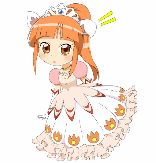 leonne, fushigiboshi no futago hime, 00s, 1girl, animal ears, blunt bangs, dress, elbow gloves, female focus, gloves, high ponytail, orange hair, ponytail, simple background, solo, tiara, white background