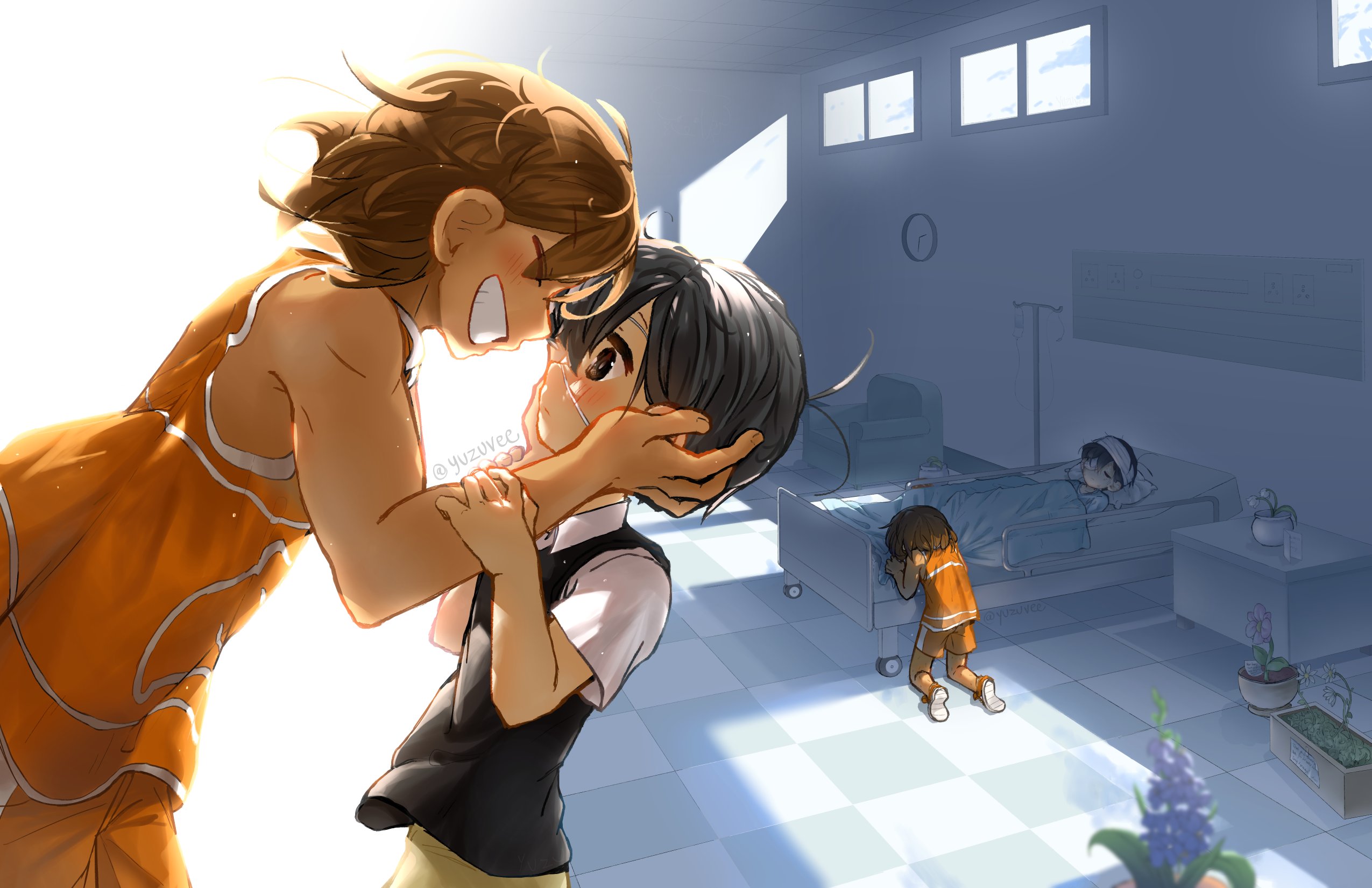 yuzuvee, kel (faraway) (omori), kel (omori), sunny (omori), omori, highres, spoilers, 2boys, analog clock, antenna hair, artist name, bandaged head, bandages, bed, black eyes, black hair, black sweater vest, blanket, brown hair, brown shorts, chair, clock, closed eyes, collared shirt, dark-skinned male, dark skin, eyepatch, flower pot, grin, hands on another's face, head on pillow, hospital bed, hospital gown, indoors, intravenous drip, kneeling, looking at another, lying, male focus, medical eyepatch, multiple boys, on back, orange shoes, orange shorts, pillow, plant, potted plant, shirt, shoes, short hair, short sleeves, shorts, smile, sneakers, sweater vest, teeth, under covers, white shirt
