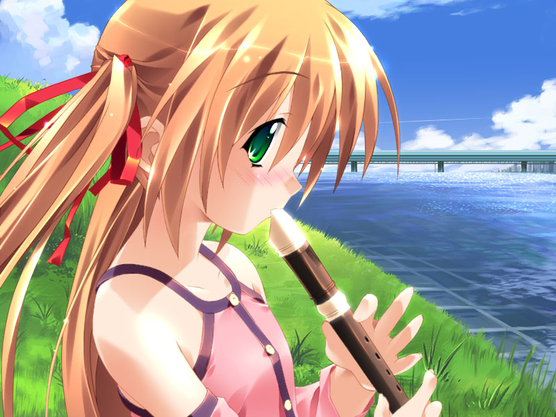 minamino kanata, oota takeshi, takizawa futaba, f&c, tamacue, game cg, 1girl, blush, female focus, flute, green eyes, hair ribbon, holding, holding flute, holding instrument, instrument, orange hair, recorder, ribbon, sky, solo, twintails