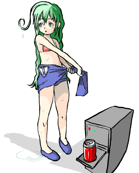 me-tan, os-tan, 1girl, bikini, bikini skirt, can, computer, drink can, female focus, green hair, orange bikini, puddle, soda can, solo, swimsuit, thighs