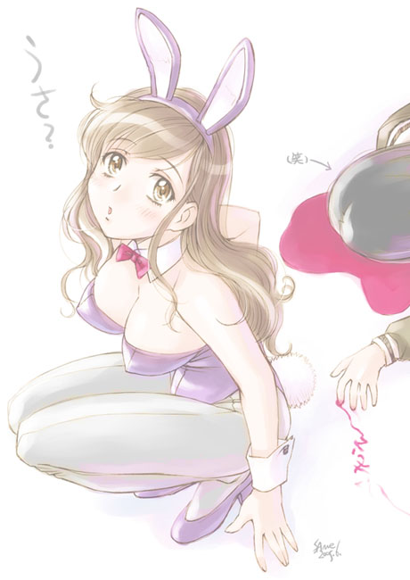 sameha ikuya, nijou noriko, toudou shimako, maria-sama ga miteru, duplicate, 00s, 2girls, animal ears, blood, bow, bowtie, breasts, brown hair, cleavage, fake animal ears, large breasts, leotard, long hair, multiple girls, nosebleed, pantyhose, playboy bunny, rabbit ears, rabbit tail, tail, wrist cuffs