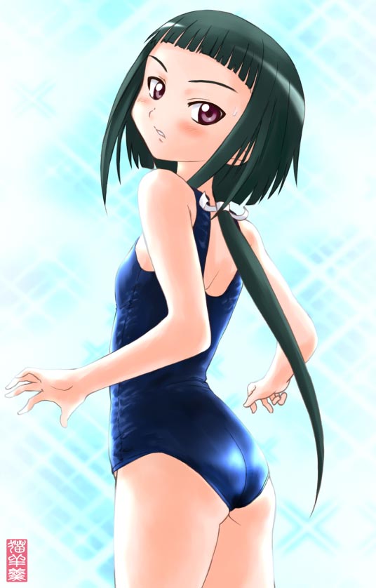 okuzaki akira, my-hime, 00s, 1girl, ass, blush, female focus, green hair, hair ribbon, looking at viewer, one-piece swimsuit, ponytail, ribbon, shiny clothes, solo, swimsuit