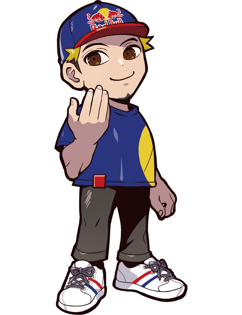 puppeteer7777, crazy raccoon, real life, red bull, official art, second-party source, 1boy, anime coloring, arm at side, baseball cap, blonde hair, blue hat, blue shirt, blue sleeves, bonchan (gamer), brown eyes, circle, circle print, closed mouth, copyright logo, copyright name, crew neck, dot nose, facial hair, facing viewer, fingerless gloves, full body, gloves, goatee, grey facial hair, grey pants, hat, head tilt, laces, looking at viewer, male focus, pants, print hat, print shirt, shirt, shoes, smile, sneakers, socks, solo, tachi-e, text print, thick lineart, transparent background, two-tone hat, undercut, white hat, white socks