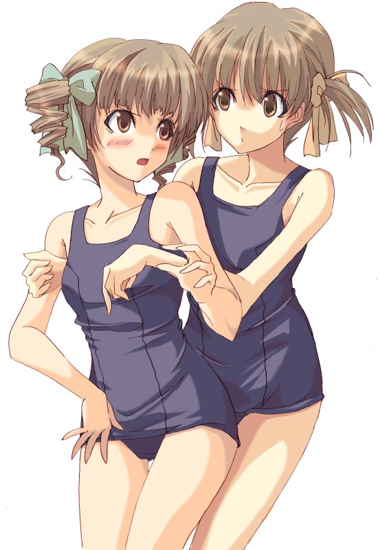 fukuzawa yumi, matsudaira touko, maria-sama ga miteru, 00s, blush, brown eyes, brown hair, drill hair, one-piece swimsuit, school swimsuit, short twintails, swimsuit, twintails