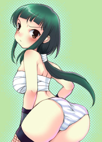 okuzaki akira, my-hime, 00s, 1girl, ass, blue panties, breasts, female focus, fishnet thighhighs, fishnets, leaning forward, panties, sarashi, solo, striped clothes, striped panties, thighhighs, underwear