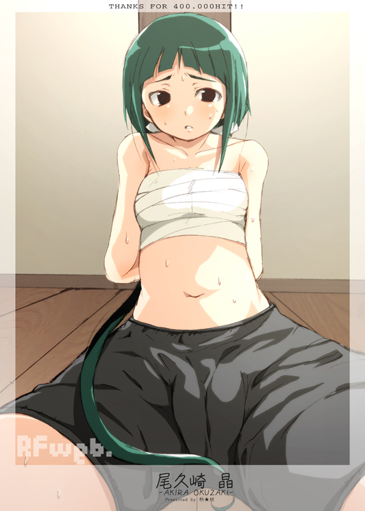 okuzaki akira, my-hime, 00s, 1girl, androgynous, bandages, bike shorts, breast bind, brown eyes, cameltoe, female focus, green hair, indoors, milestone celebration, navel, reverse trap, sarashi, solo, spread legs, sweat, wooden floor
