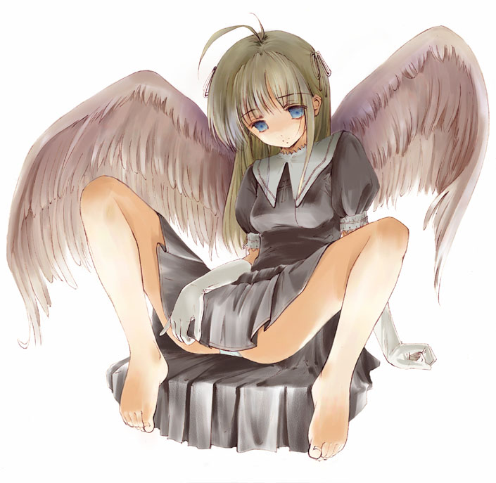 yurikuta tsukumi, 1girl, ahoge, angel, ass, barefoot, blonde hair, blue eyes, breasts, dress, empty eyes, feet, female focus, full body, gloves, legs, m legs, panties, pantyshot, simple background, sitting, solo, spread legs, underwear, upskirt, white background, white panties, wings