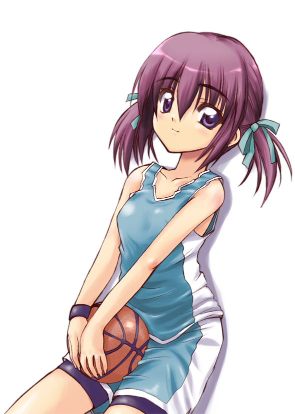 1girl, ball, basketball, basketball (object), basketball uniform, female focus, hair ribbon, purple eyes, purple hair, ribbon, solo, sportswear, twintails