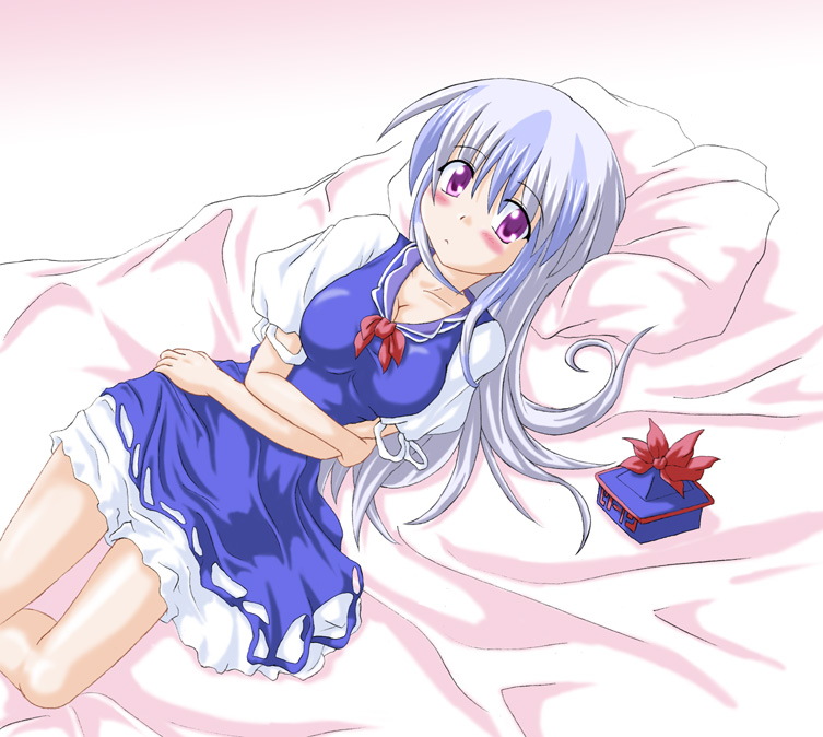 kamishirasawa keine, touhou, 1girl, alternate eye color, bed, blue dress, blue hair, blush, breasts, dress, female focus, hat, long hair, lying, medium breasts, purple eyes, solo, white hair