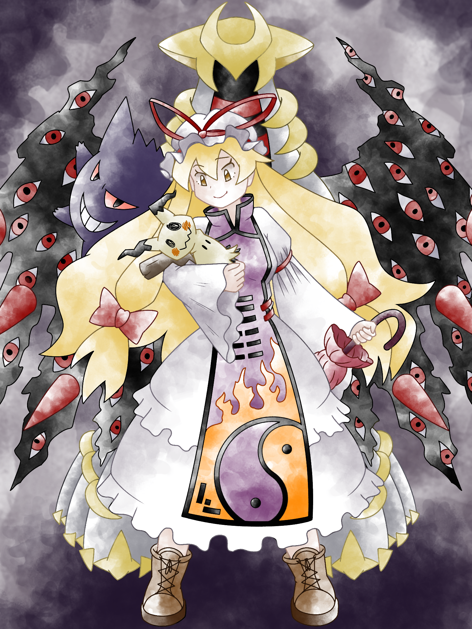 greatmothsucks, gengar, giratina, giratina (altered), mimikyu, yakumo yukari, nintendo, pokemon, touhou, highres, 1girl, black background, blonde hair, boots, bow, brown boots, brown eyes, cross-laced clothes, dress, full body, gen 1 pokemon, gen 4 pokemon, gen 7 pokemon, hair bow, hat, hat ribbon, holding, holding umbrella, legendary pokemon, long hair, long sleeves, mob cap, red bow, red ribbon, red umbrella, ribbon, standing, sugimori ken (style), tabard, umbrella, white dress, white hat, wings