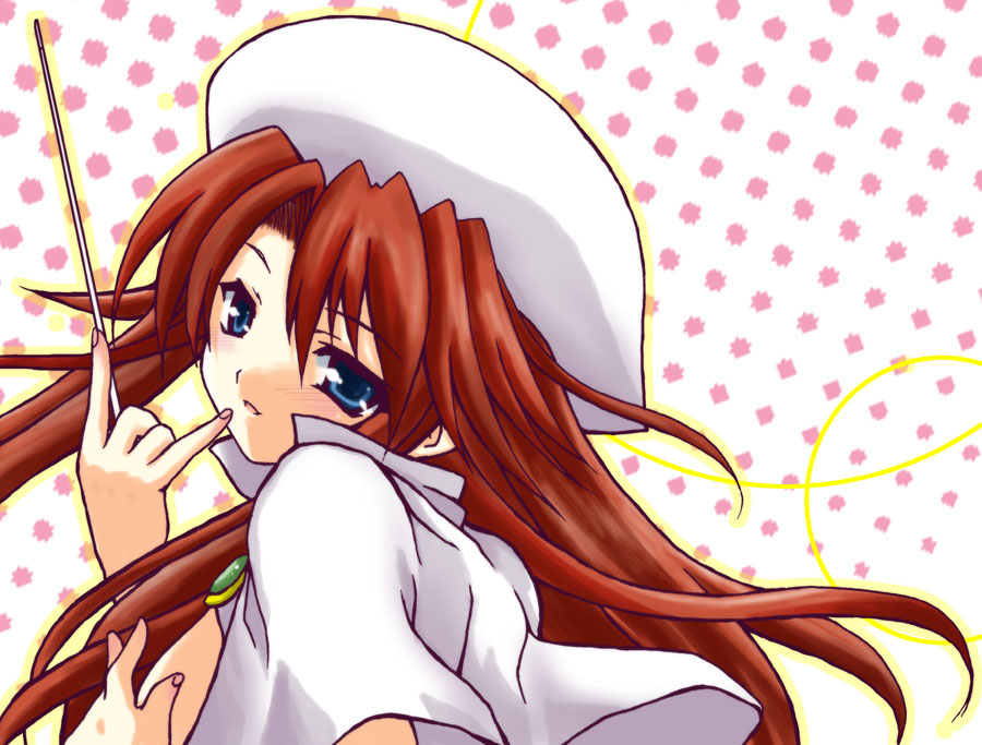 shibamine takashi, aty, aty (summon night), summon night, summon night 3, 1girl, blue eyes, blush, female focus, hat, long hair, looking back, pointer, red hair, solo, upper body