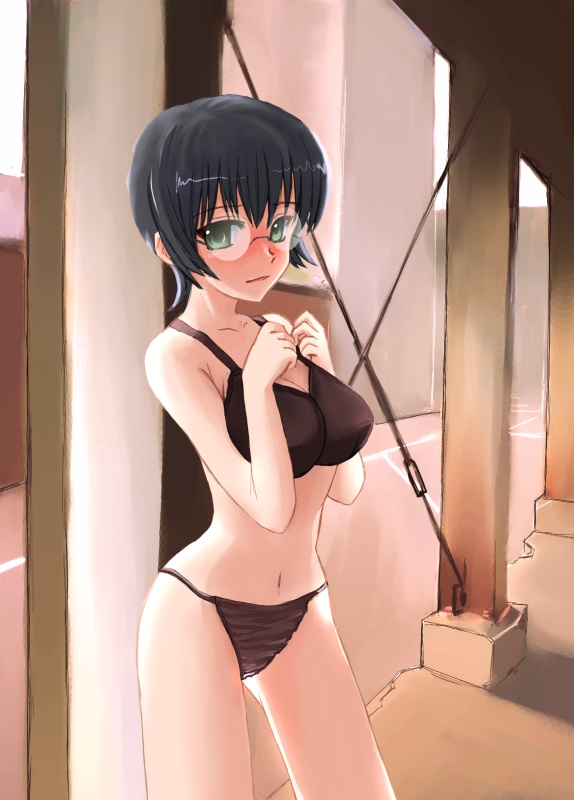 nakamoto masami, 1girl, bikini, black bikini, black hair, blush, breasts, breasts squeezed together, female focus, glasses, green eyes, short hair, solo, string bikini, swimsuit
