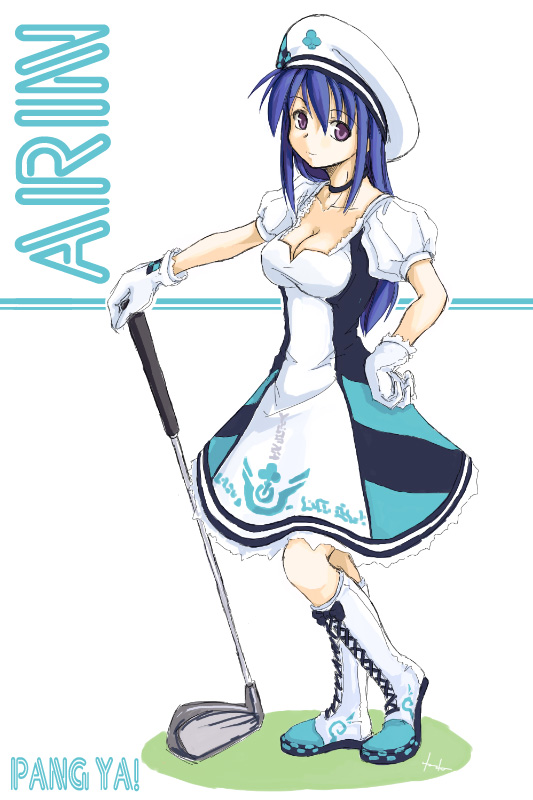 akiyama nenehisa, arin (pangya), pangya, 1girl, beret, boots, female focus, golf club, hat, simple background, solo, white background, white boots, white hat