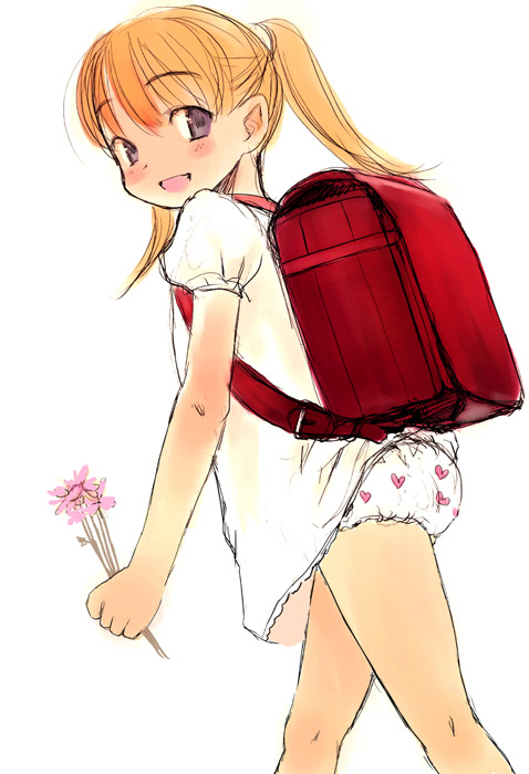 sasahara yuuki, yamada ayumi, honey and clover, 00s, 1girl, accidental exposure, backpack, bag, blonde hair, blush, dress, female focus, flower, heart, heart panties, heart print, loli, long hair, looking back, no pants, panties, pantyshot, print panties, purple eyes, randoseru, solo, standing, underwear, upskirt, walking, wardrobe malfunction, white panties