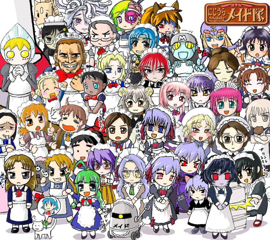 3m, andou mahoro, chibi yami, chikoi, danbai, dunbi, eliza lancaster, emma, emma (victorian romance emma), futoi, hidoi, hisui (tsukihime), kiri-san, kotonomiya yuki, kudoi, kurai (nijiura maids), m-ko, mary (soul hackers), me-tan, medoi, medyui, mika (kawarazakike no ichizoku 2), modoi, shippai, shirley medison, shitsuji, yami yuki, yuki-san, yukiko-san, atlus, devil summoner: soul hackers, devil summoner (series), fate/stay night, fate (series), futaba channel, kawarazakike no ichizoku 2, mahoromatic, mega man (series), mega man battle network, megami tensei, nijiura maids, os-tan, sapphism no gensou, seisenshi dunbine, shirley (manga), suigetsu, tsukihime, victorian romance emma, black legwear, white legwear, 1980s (style), annotation request, artist request, character request, copyright request, partially annotated, partially translated, translation request, 00s, 6+boys, 6+girls, :3, ?, ^ ^, ahoge, animal ears, apron, black eyes, black hair, blonde hair, blue eyes, blush, blush stickers, braid, brown eyes, brown hair, cat, chibi, closed eyes, clothed robot, creature, crossed arms, crossover, crying, dark-skinned female, dark skin, everyone, facing viewer, fang, full body, glasses, green hair, grin, headset, horns, humanoid robot, index finger raised, long sleeves, looking at viewer, maid, maid apron, maid headdress, mika (kawarazakike no ichizoku), monitor, mouth hold, multiple boys, multiple girls, oldschool, open mouth, orange eyes, orange hair, parted bangs, photocopier, pink hair, purple hair, red eyes, red hair, retro artstyle, robot, scolding, sheep boy, sheep ears, sheep horns, sign, simple background, smile, snake hair, speech bubble, spoken character, standing, twin braids, v arms, waist apron, warning sign, white apron, white background, yellow eyes
