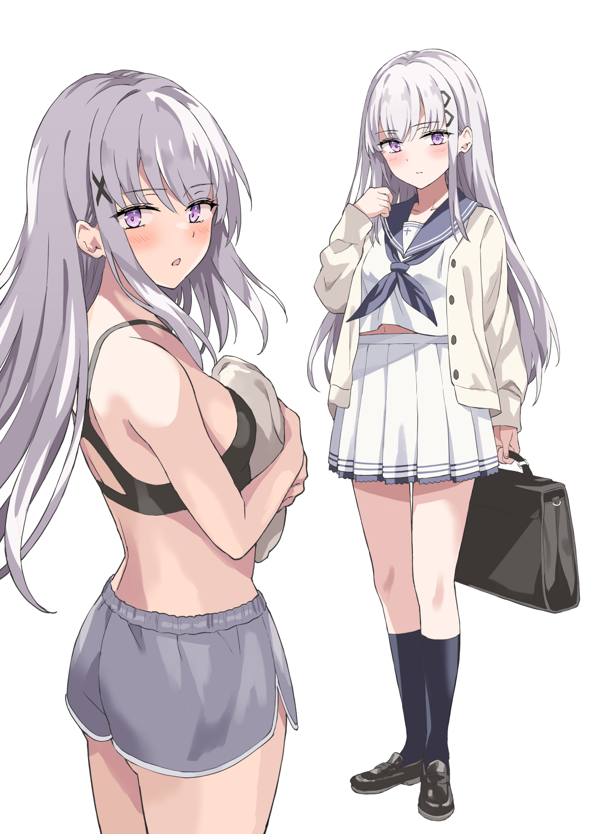 rasahan, original, commentary request, highres, 1girl, ass, black bra, black neckerchief, black sailor collar, black shoes, black socks, bra, closed mouth, dolphin shorts, grey hair, grey shorts, hair ornament, holding, loafers, long hair, multiple views, neckerchief, parted lips, pleated skirt, purple eyes, sailor collar, shirt, shoes, short shorts, shorts, simple background, skirt, socks, standing, underwear, very long hair, white background, white shirt, white skirt, x hair ornament