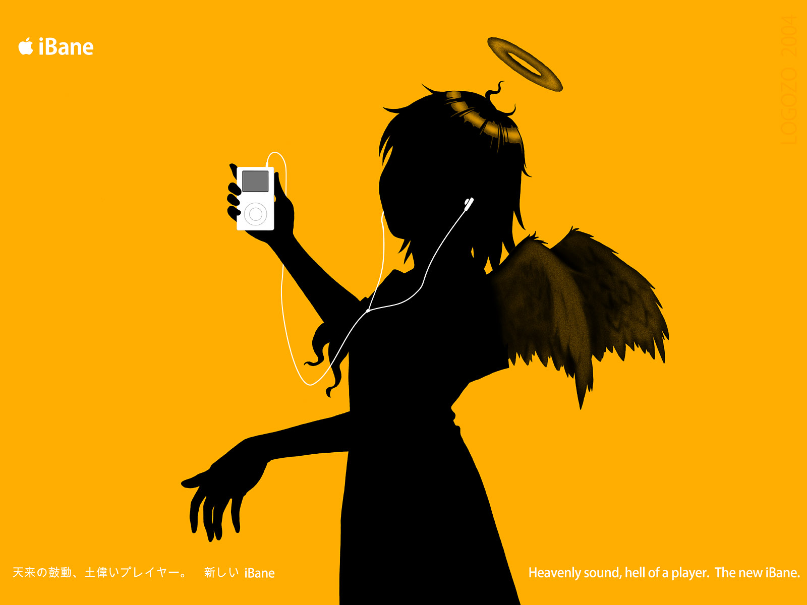 rakka (haibane), apple inc., haibane renmei, highres, 00s, 1girl, digital media player, english text, female focus, halo, high contrast, ipod, ipod ad, monochrome, silhouette, solo, traditional halo, wings, yellow background