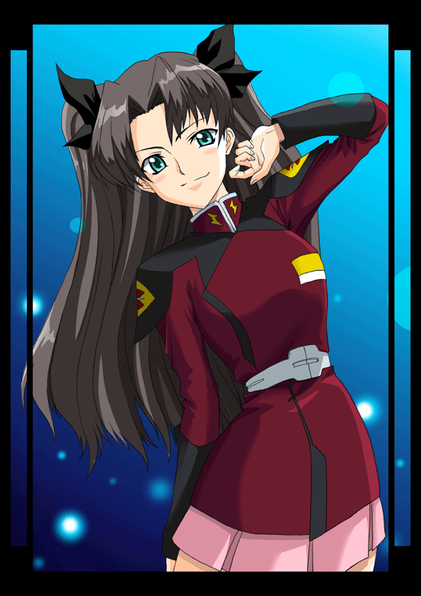 lunamaria hawke, tohsaka rin, fate/stay night, fate (series), gundam, gundam seed, gundam seed destiny, 1girl, black hair, cosplay, crossover, female focus, lunamaria hawke (cosplay), solo, two side up