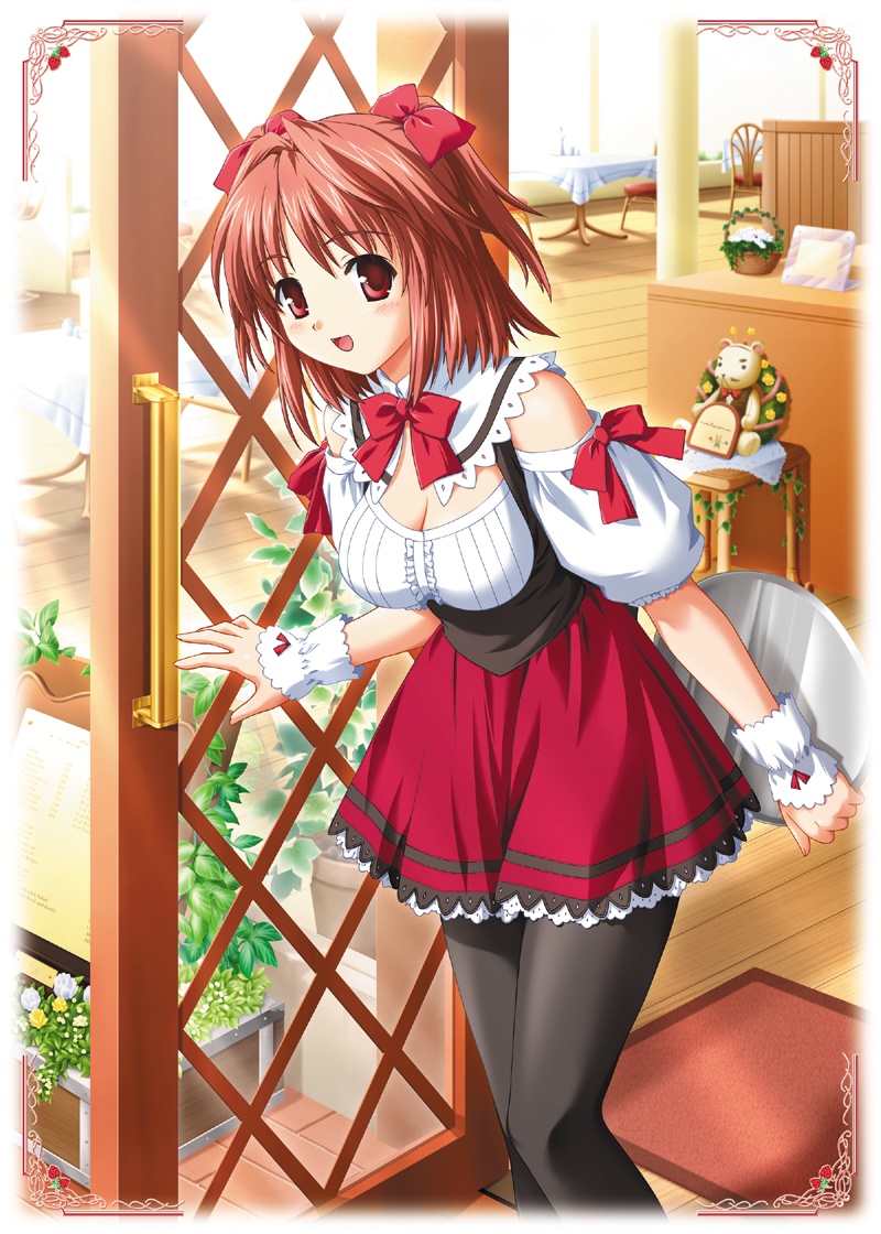 nekonyan, makino konoha, original, raspberry (game), 1girl, breasts, brown eyes, brown hair, cleavage, female focus, large breasts, maid, pantyhose, ribbon, solo, waitress