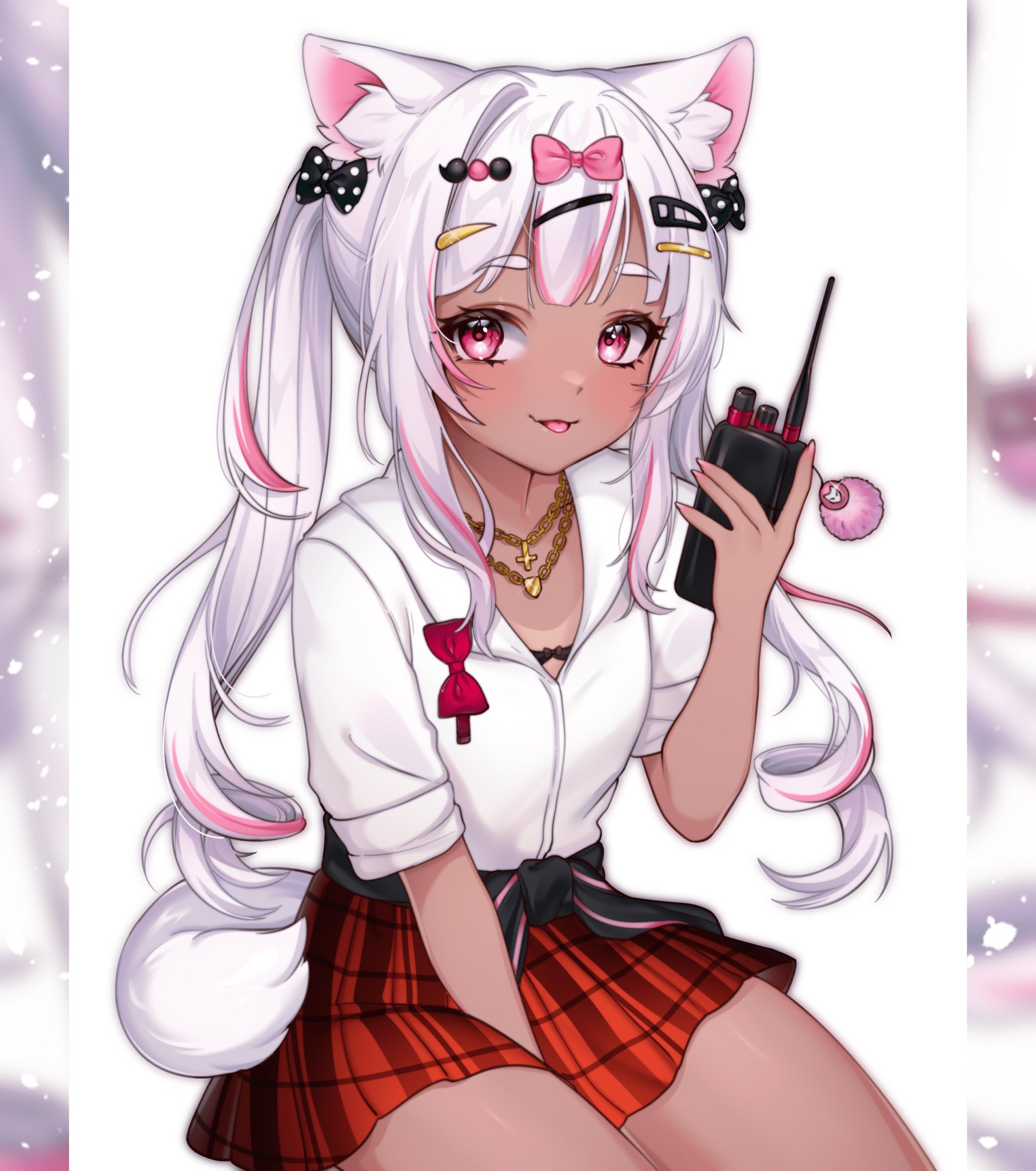 blinchii, indie virtual youtuber, commentary, english commentary, highres, second-party source, 1girl, animal ear fluff, animal ears, black bow, bow, bowtie, cross, cross necklace, dark-skinned female, dark skin, dog ears, dog girl, dog tail, ganguro, gold necklace, gyaru, hair bow, hair ornament, hairclip, hairpin, holding, holding walkie-talkie, jewelry, kogal, long hair, multicolored hair, necklace, pink bow, pink bowtie, pink eyes, pink hair, plaid clothes, plaid skirt, polka dot, polka dot bow, red skirt, shirt, skirt, solo, streaked hair, tail, tongue, virtual youtuber, walkie-talkie, white hair, white shirt, zollyinky