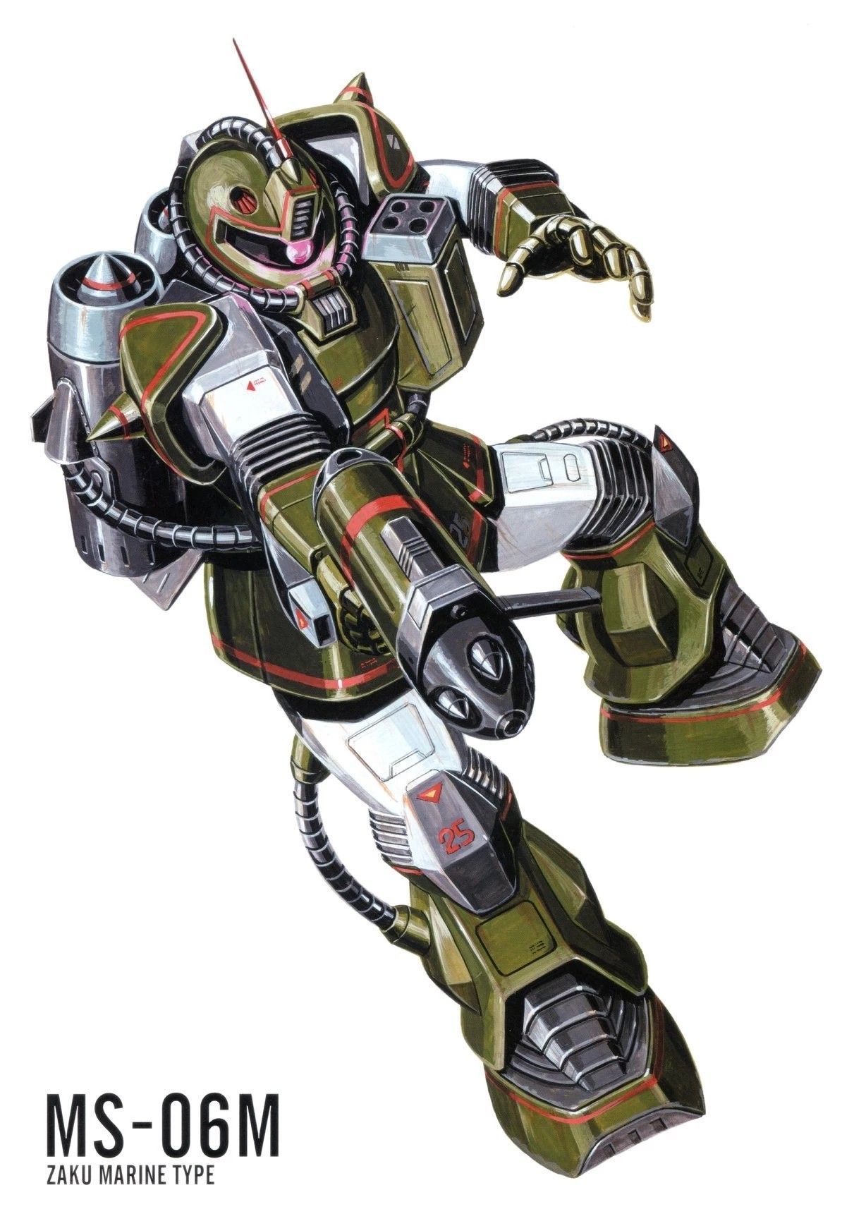 ookawara kunio, zaku marine type, gundam, gundam msv, 1980s (style), highres, magazine scan, official art, painting (medium), scan, traditional media, aiming, cable, character name, machinery, mecha, mecha focus, missile pod, mobile suit, no humans, oldschool, one-eyed, pink eyes, radio antenna, realistic, retro artstyle, robot, science fiction, solo, white background, zeon