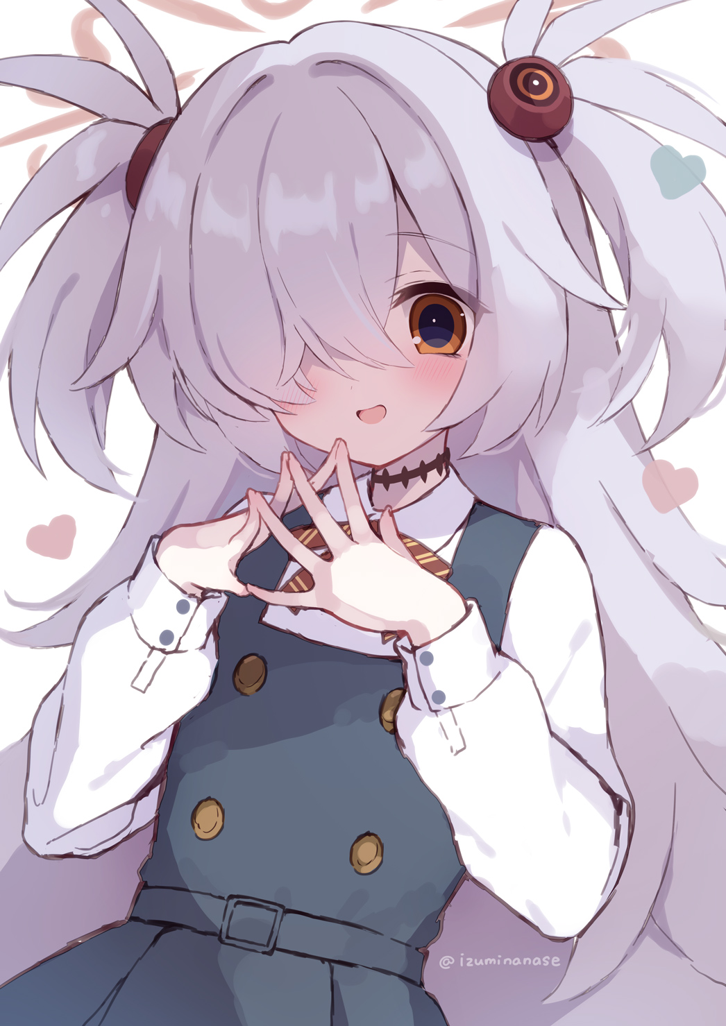 izumi nanase, kanoe (blue archive), blue archive, commentary, highres, 1girl, :d, blush, brown eyes, collared shirt, dress, grey dress, grey hair, hair over one eye, halo, heart, long hair, long sleeves, looking at viewer, open mouth, pinafore dress, puffy long sleeves, puffy sleeves, shirt, simple background, sleeveless, sleeveless dress, sleeves past wrists, smile, solo, steepled fingers, twitter username, two side up, very long hair, white background, white shirt