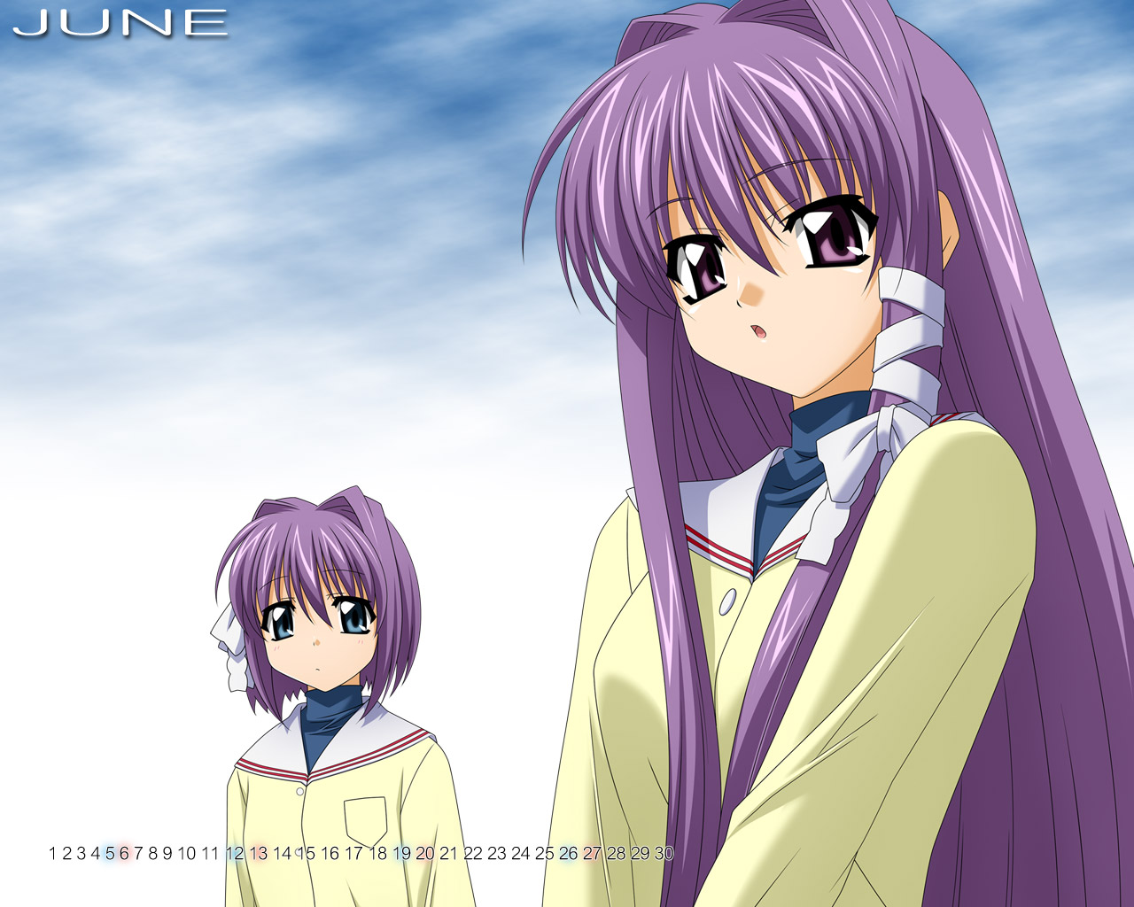sugimura tomokazu, fujibayashi kyou, fujibayashi ryou, clannad, 00s, 2girls, blue eyes, calendar, cloud, hair ribbon, june, long hair, multiple girls, open mouth, purple eyes, purple hair, ribbon, school uniform, serafuku, short hair, siblings, sisters, sky, tress ribbon, twins