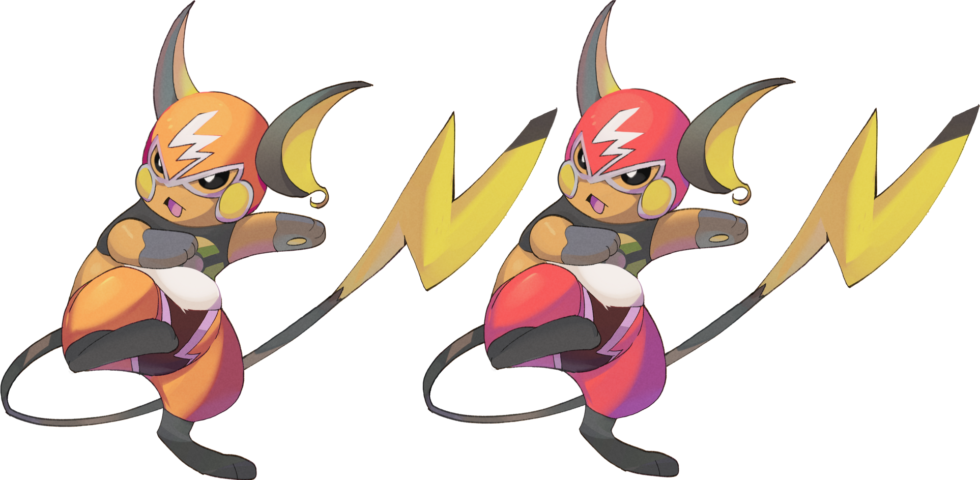 drawfag, raichu, nintendo, pokemon, bad link, highres, alternate color, black eyes, gen 1 pokemon, luchador mask, no humans, open mouth, pokemon (creature), shiny pokemon, simple background, standing, white background
