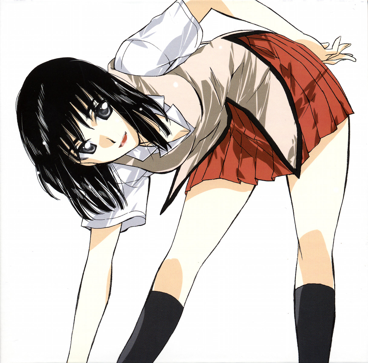 suou mikoto (school rumble), school rumble, highres, 00s, 1girl, bend, bent over, black hair, breasts, cleavage, female focus, medium breasts, pleated skirt, school uniform, serafuku, short hair, skirt, solo