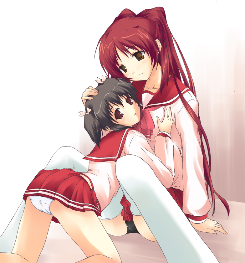 kousaka tamaki, yuzuhara konomi, to heart (series), to heart 2, 00s, 2girls, age difference, arm support, ass, bent over, between legs, black panties, blouse, blush, bow, bowtie, brown eyes, brown hair, flower, hair flower, hair ornament, kneeling, loli, long hair, miniskirt, multiple girls, onee-loli, panties, pantyshot, pleated skirt, red eyes, red hair, school uniform, serafuku, shirt, short hair, short twintails, sitting, skirt, thighhighs, twintails, underwear, white panties, white thighhighs, yuri