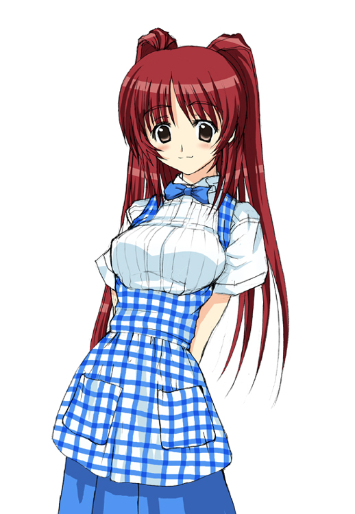 kousaka tamaki, to heart (series), to heart 2, 00s, 1girl, :3, apron, arms behind back, blouse, blue bow, blue bowtie, blush, bow, bowtie, brown eyes, cowboy shot, female focus, gingham apron, kobeya uniform, long hair, plaid apron, plaid clothes, red hair, shirt, simple background, smile, solo, twintails, underbust, waitress, white background, white shirt
