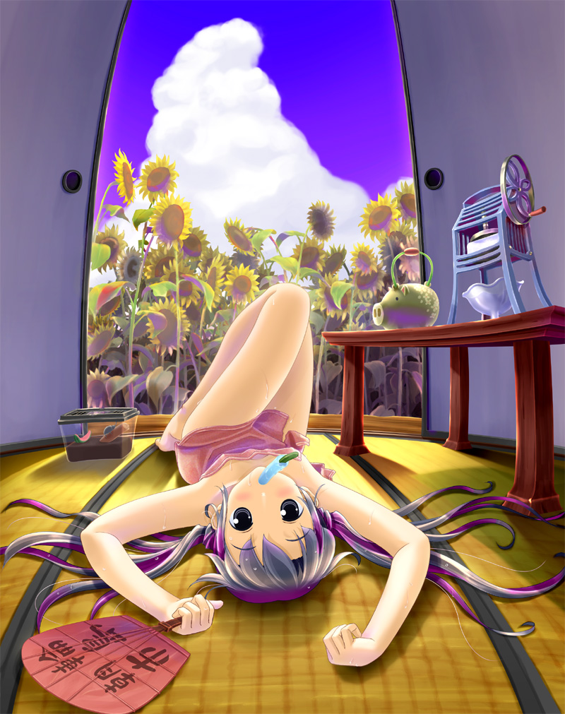 original, silver hair, 1girl, arms up, barefoot, black eyes, female focus, fisheye, flower, food, fruit, hand fan, incense, indoors, legs up, long hair, lying, mouth hold, multicolored hair, on back, paper fan, popsicle, purple hair, shorts, sky, snail, solo, sunflower, sweat, tatami, towel, twintails, uchiwa, watermelon