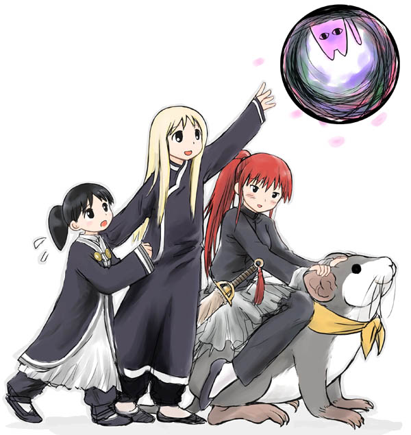 kashmir, saiki, kasuga ayumu, keiki (juuni kokuki), mihama chiyo, mihama chiyo's father, nakajima youko, rakushun (juuni kokuki), sakaki (azumanga daioh), tadakichi-san, taiki (juuni kokuki), azumanga daiou, juuni kokuki, 3girls, black eyes, black hair, blonde hair, changpao, child, chinese clothes, crossover, jian (weapon), multiple girls, parody, rakshun, red hair, sword, weapon, white background