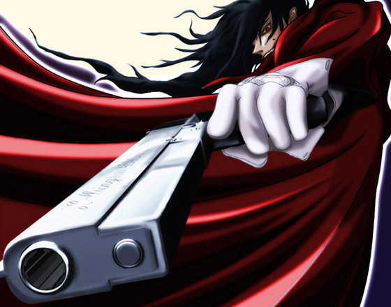 alucard (hellsing), hellsing, 1boy, black hair, casull (hellsing), coat, foreshortening, gloves, gun, handgun, insignia, long hair, long sleeves, male focus, necktie, overcoat, pistol, red coat, rifling, single glove, solo, vampire, weapon, white gloves, wind