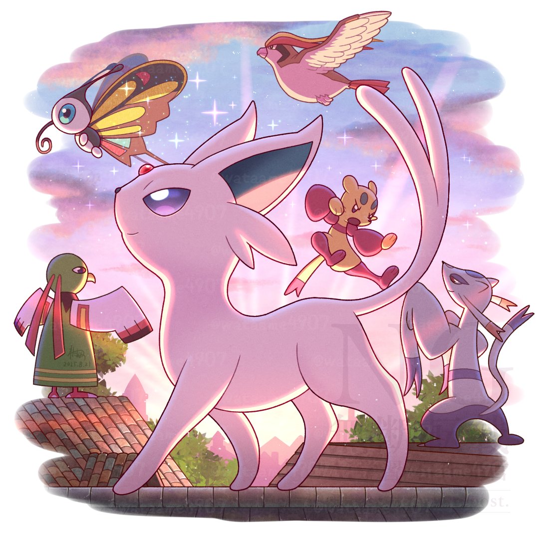 wataame4907, beautifly, espeon, mienfoo, mienshao, pidgeot, xatu, nintendo, pokemon, commentary request, flying, forked tail, gen 1 pokemon, gen 2 pokemon, gen 3 pokemon, gen 5 pokemon, jumping, no humans, on roof, open mouth, pokemon (creature), pokemon focus, purple eyes, rooftop, smile, tail, walking
