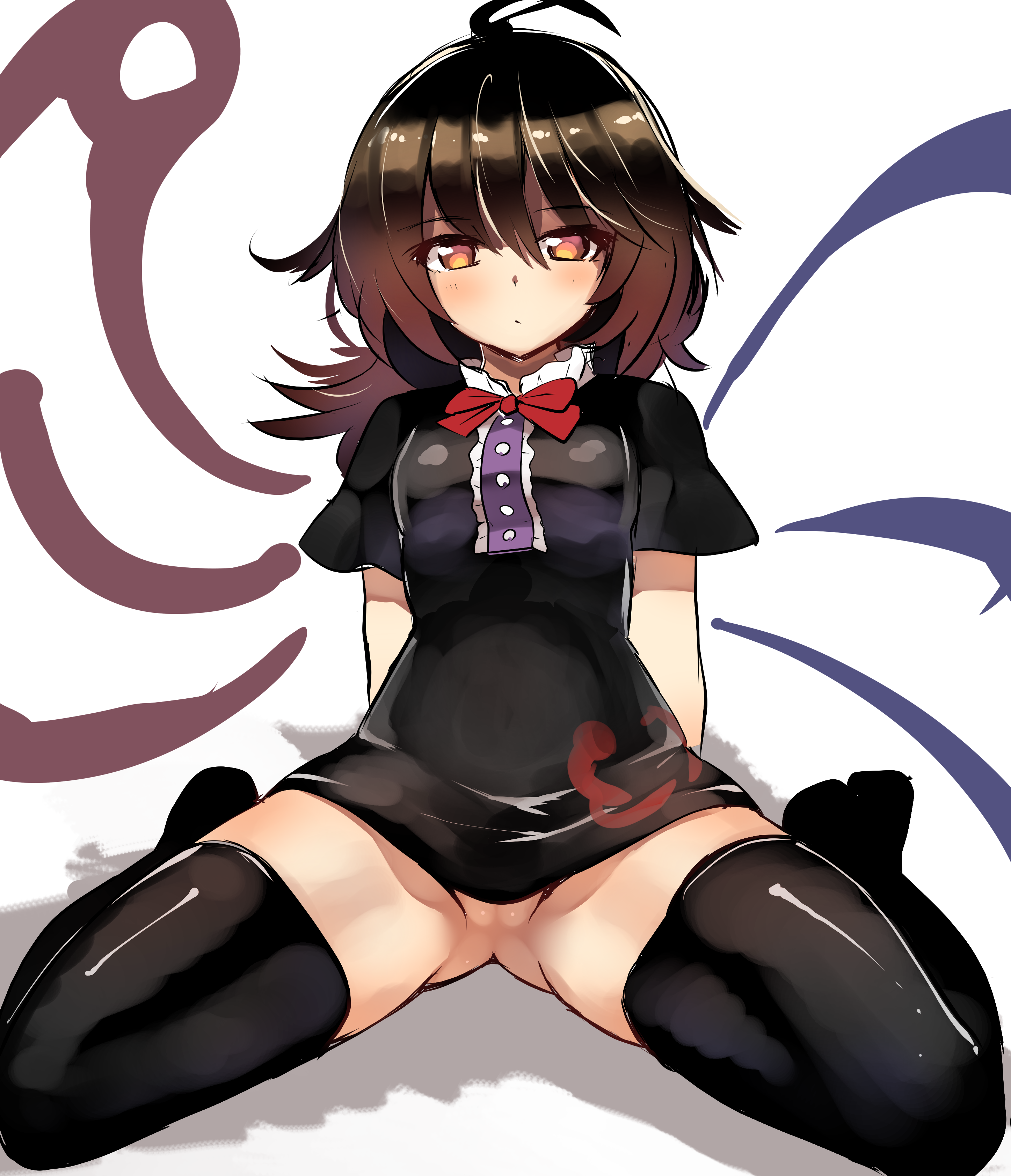 kushidama minaka, houjuu nue, touhou, absurdres, commentary request, highres, 1girl, ahoge, alternate eye color, asymmetrical wings, black dress, black thighhighs, blue wings, blush, bow, bowtie, breasts, brown eyes, brown hair, buttons, center frills, closed mouth, dress, expressionless, frills, full body, looking at viewer, medium hair, no panties, partially visible vulva, red bow, red bowtie, red wings, short dress, short sleeves, sitting, small breasts, solo, thighhighs, tomoe (symbol), wariza, wings