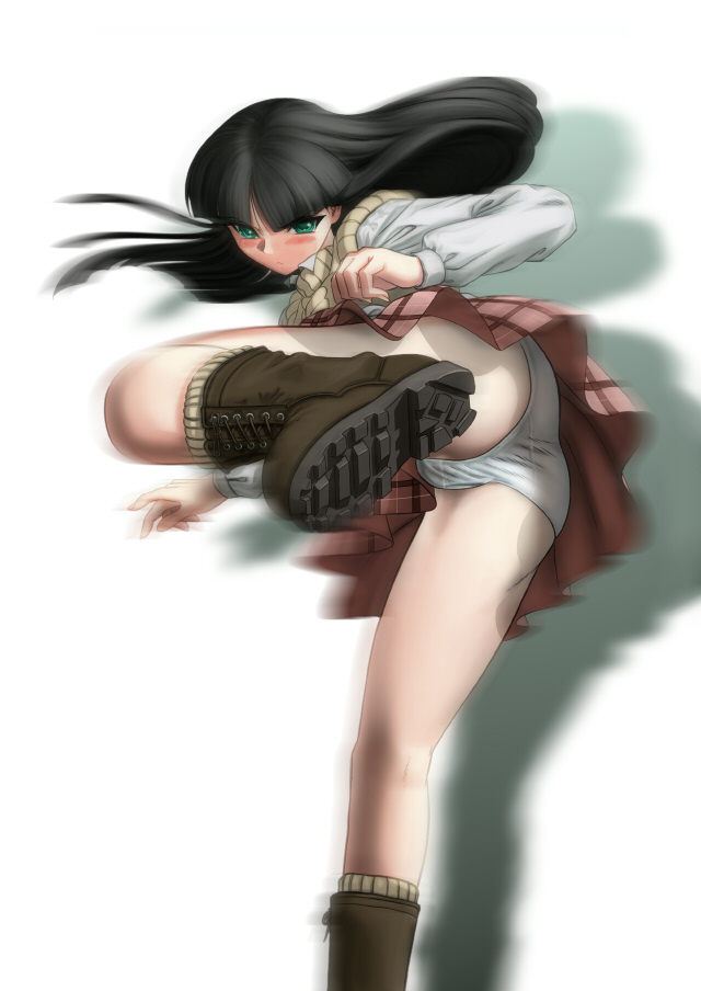 youkai ankake, shinozuka arashi, gad guard, plaid, 1girl, ass, black hair, blush, boots, green eyes, high kick, kicking, legs, long hair, miniskirt, motion blur, panties, pantyshot, pleated skirt, school uniform, skirt, solo, underwear, upskirt, white panties