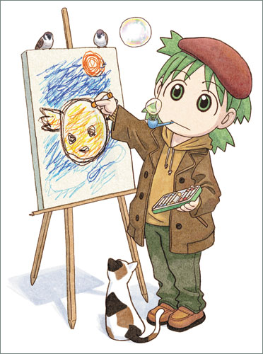 azuma kiyohiko, koiwai yotsuba, onsokumaru, canvas, ninin ga shinobuden, yotsubato!, lowres, 00s, 1girl, beret, bird, blowing bubbles, brown shoes, bubble, calico (pattern), calico cat, canvas (object), cat, child, child's drawing, crayon, easel, female focus, green eyes, green hair, hat, looking at viewer, matching hair/eyes, pipe in mouth, quad tails, shoes, short hair, simple background, smoking pipe, soap bubbles, solo, white background