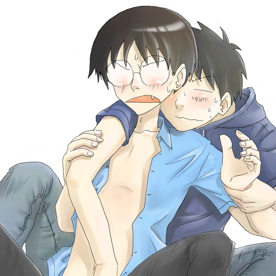 madarame, sasahara, madarame harunobu, sasahara kanji, genshiken, 00s, 2boys, bad end, black hair, blush, brown hair, fang, glasses, hood, hoodie, male focus, male masturbation, masturbation, multiple boys, opaque glasses, open clothes, open shirt, shirt, yaoi