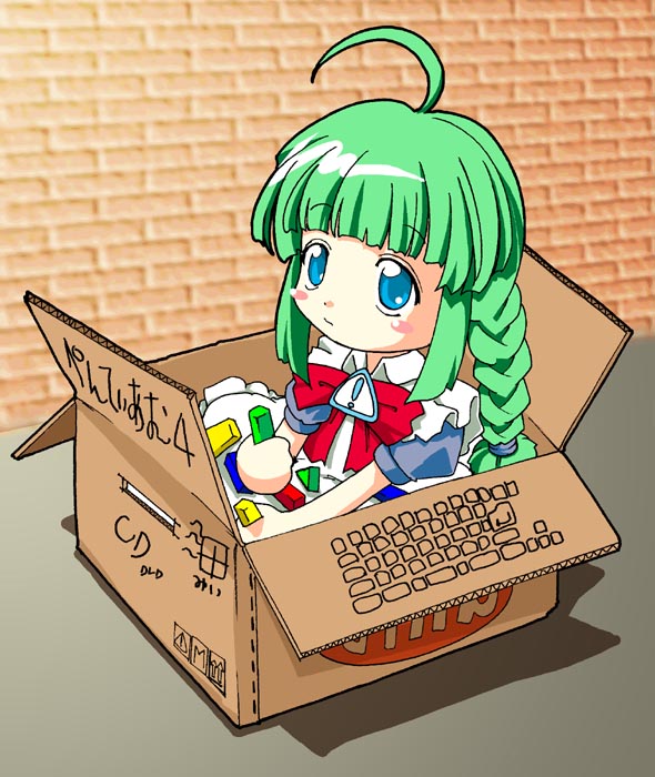 me-tan, os-tan, blunt bangs, box, cardboard box, chibi, chibi only, comic, computer, computer keyboard, for adoption, in box, in container, solo