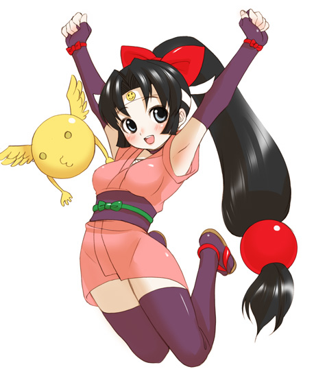 inuburo, onsokumaru, shinobu (ninin ga shinobuden), mediaworks, ninin ga shinobuden, 00s, 1girl, armpits, black thighhighs, blunt bangs, female focus, fishnets, gloves, hairband, headband, japanese clothes, jumping, kimono, long hair, low-tied long hair, miniskirt, ninja, o3o, obi, purple thighhighs, sash, short kimono, skirt, smiley face, solo, thighhighs, zettai ryouiki