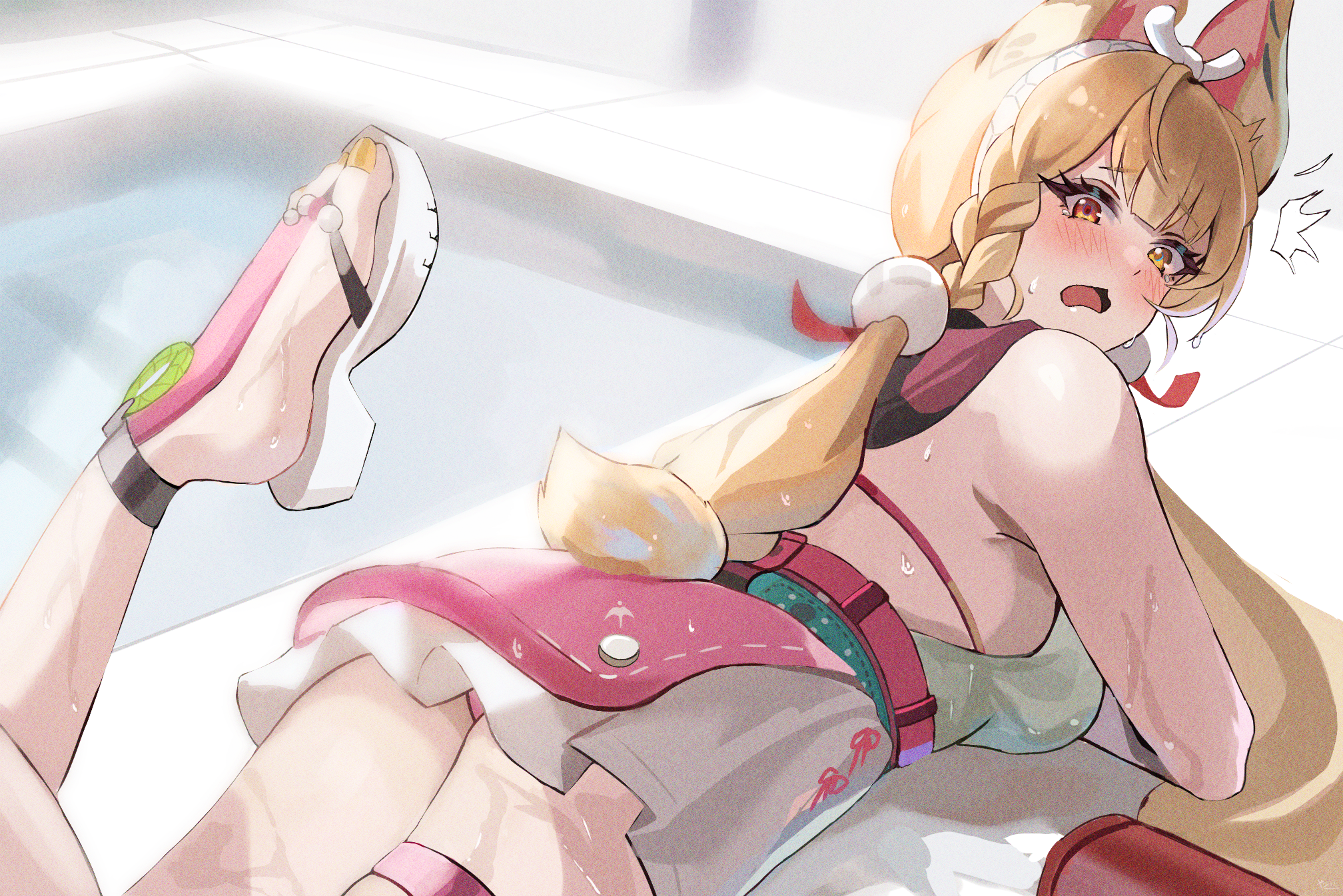 yato (yama0x1), alice thymefield, alice thymefield (sea of thyme), zenless zone zero, highres, 1girl, animal ears, blonde hair, blush, breasts, flip-flops, heterochromia, large breasts, long hair, low twintails, lying, nail polish, official alternate costume, on stomach, one-piece swimsuit, open mouth, rabbit ears, rabbit girl, rabbit tail, red eyes, sandals, sideboob, solo, swimsuit, tail, thigh strap, toenail polish, toenails, twintails, very long hair, white one-piece swimsuit, yellow eyes, yellow nails