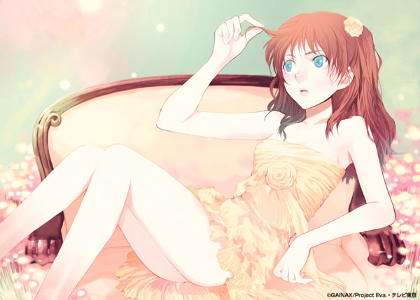 miyama waka, souryuu asuka langley, neon genesis evangelion, 1girl, blue eyes, couch, dress, female focus, flower, gainaxtop, hair flower, hair ornament, leaning back, legs, long hair, red hair, ruffling hair, sitting, skirt, solo, yellow dress, yellow skirt